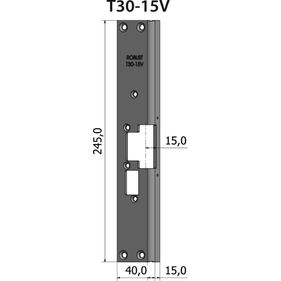 Montagestolpe vinklad T30-15V för vänsterhängd dörr, plösmått 15 mm, främst för Daloc-dörrar
