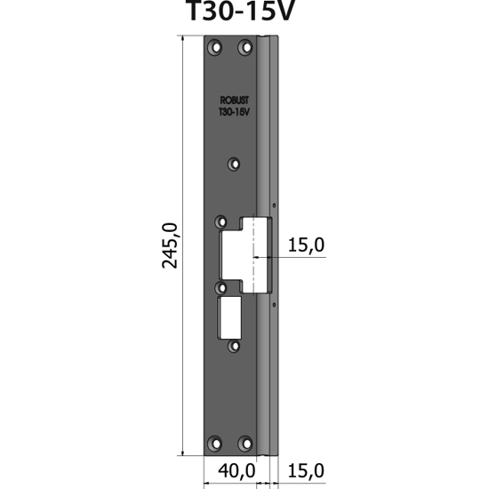 Montagestolpe vinklad T30-15V för vänsterhängd dörr, plösmått 15 mm, främst för Daloc-dörrar
