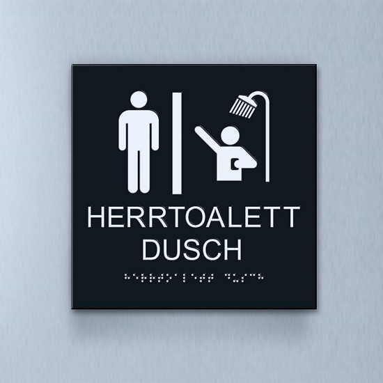 Taktil piktogram: Herrtoalett & Dusch, 180X180mm svart
