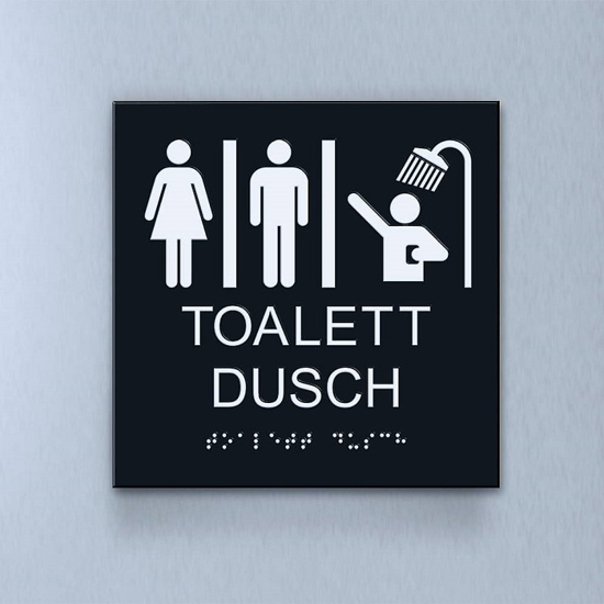 Taktil piktogram: Toalett Dusch, 180X180mm svart