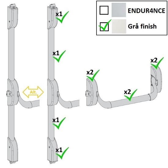 Utrymningsbeslag - BASE 5003 - Tryckestångsset 2-dörrblad 1130/2400 mm. Grå finish. # 