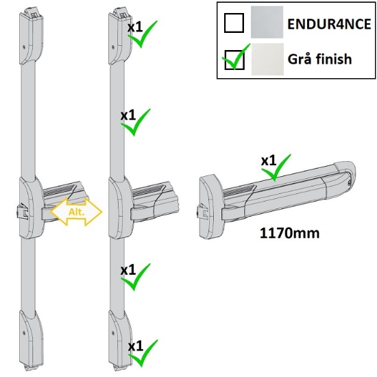 Utrymningsbeslag - PUSH 6102 - Tryckregelset 1170/2400 mm med fallkolvar. Grå finish. # 