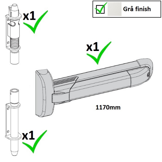 Utrymningsbeslag - Push-Bolt - Set med cylinderkolvar och tryckregel 1170 mm. Grå finish.