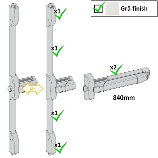 Utrymningsbeslag - PUSH 6003 - Tryckregelset 2-dörrblad 840x2/2400 mm med fallkolvar. Grå finish #