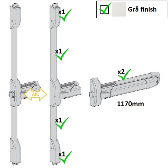 Utrymningsbeslag - PUSH 6103 - Tryckregelset 2-dörrblad 1170x2/2400 mm med fallkolvar. Grå finish # 
